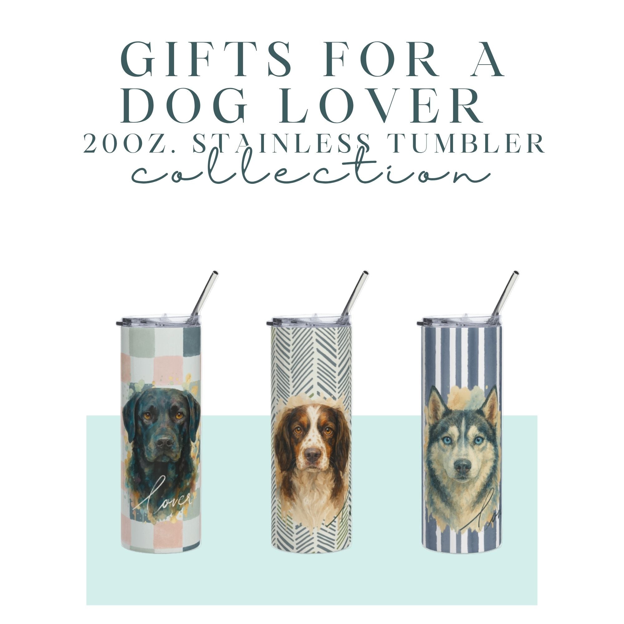 Featuring three 20oz. tumblers featuring different dog  breed designs on a patterned background.  One is a black lab, the next is an english springer spaniel, the last is an alaskan malamute. Created and designed by Melissa Malcolm. 