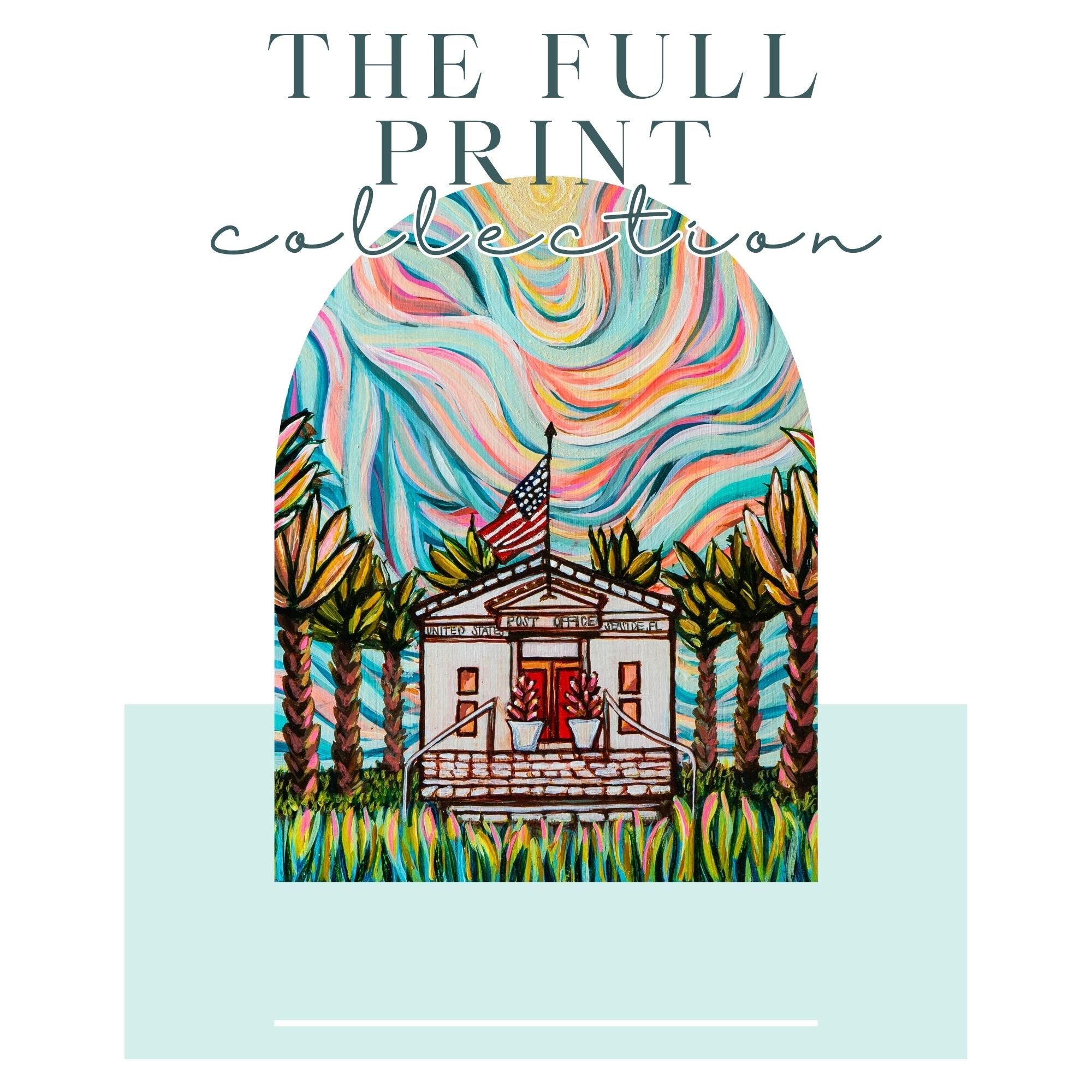 A vibrant colorful painting of the Seaside Post Office located on 30A in Seaside, Florida. Painted by artist Melissa Malcolm 