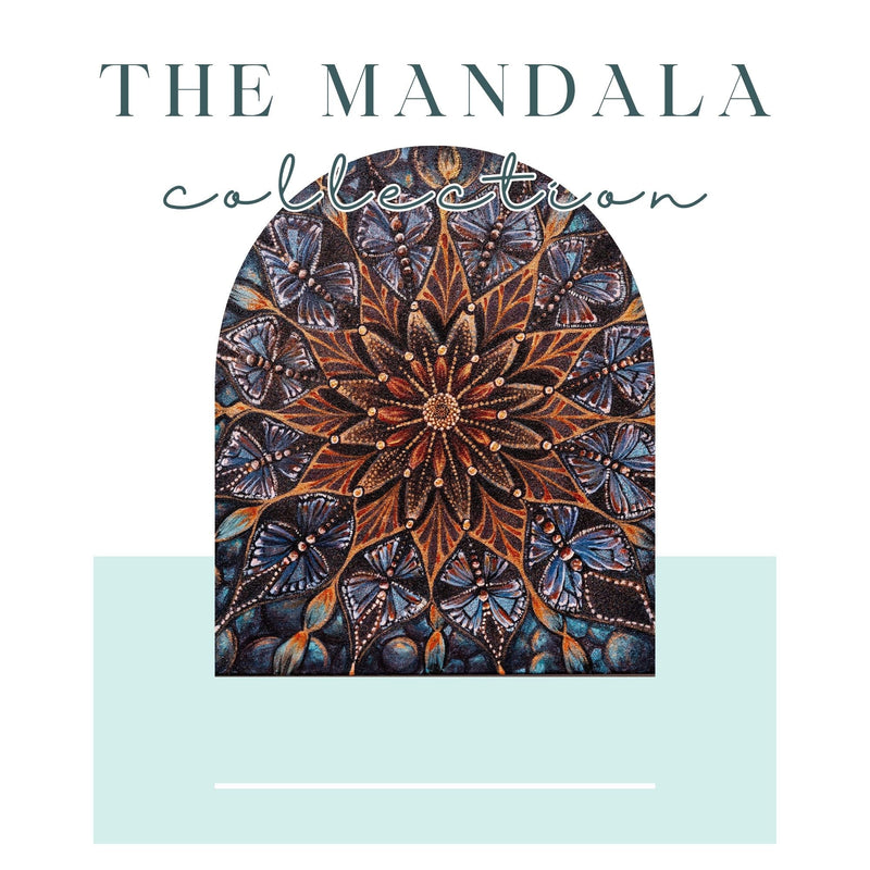 Intricate orange and blue butterfly mandala artwork by Melissa Malcolm. 