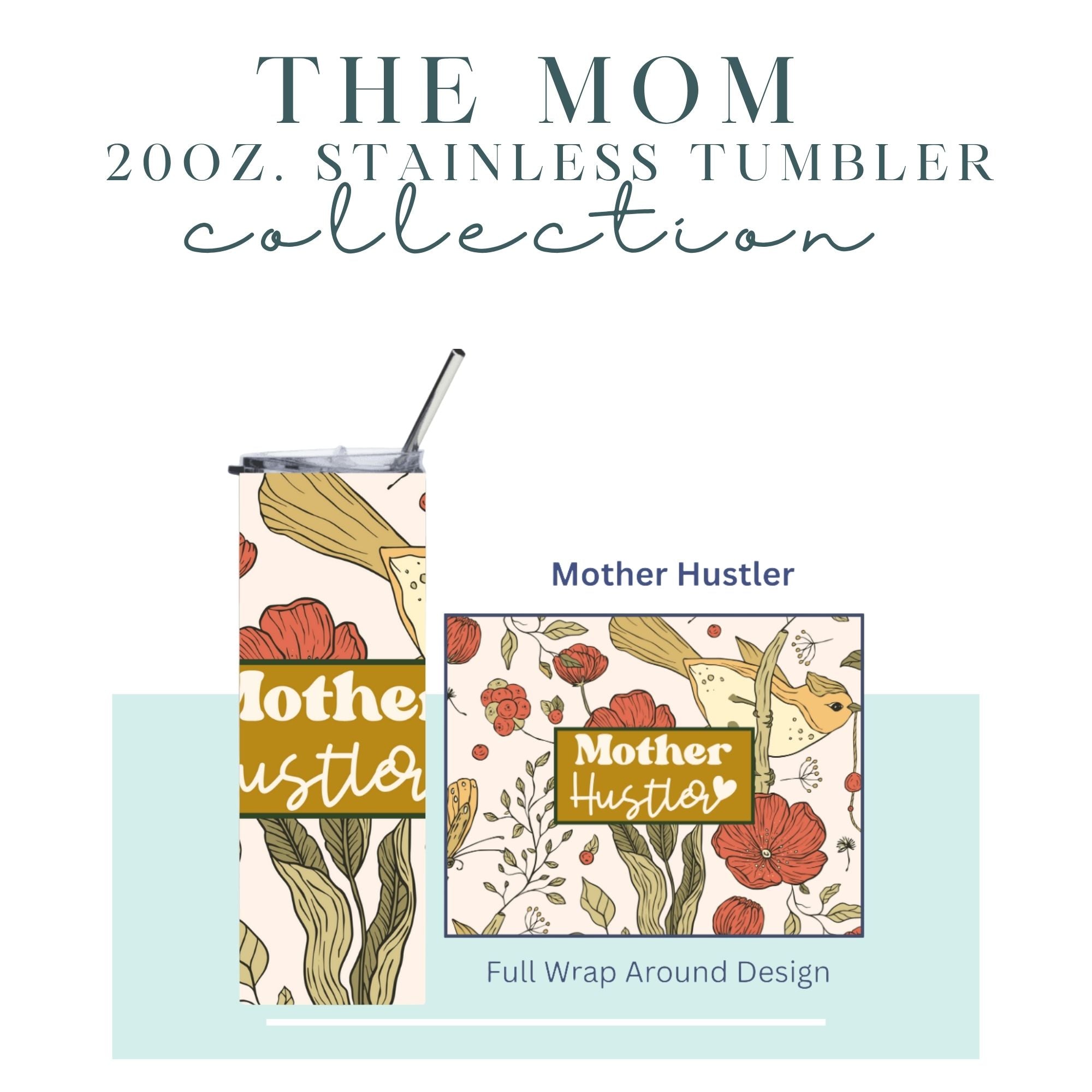 A twenty-ounce tumbler featuring a design created by Melissa Malcolm and a floral bird design in red ,greens, and mustard colors.