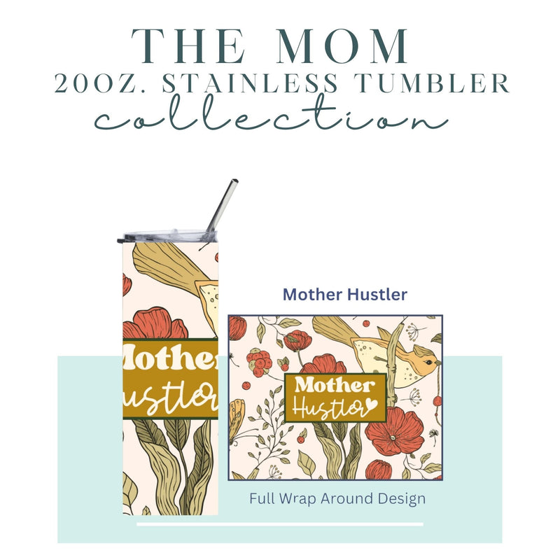 A twenty-ounce tumbler featuring a design created by Melissa Malcolm and a floral bird design in red ,greens, and mustard colors.