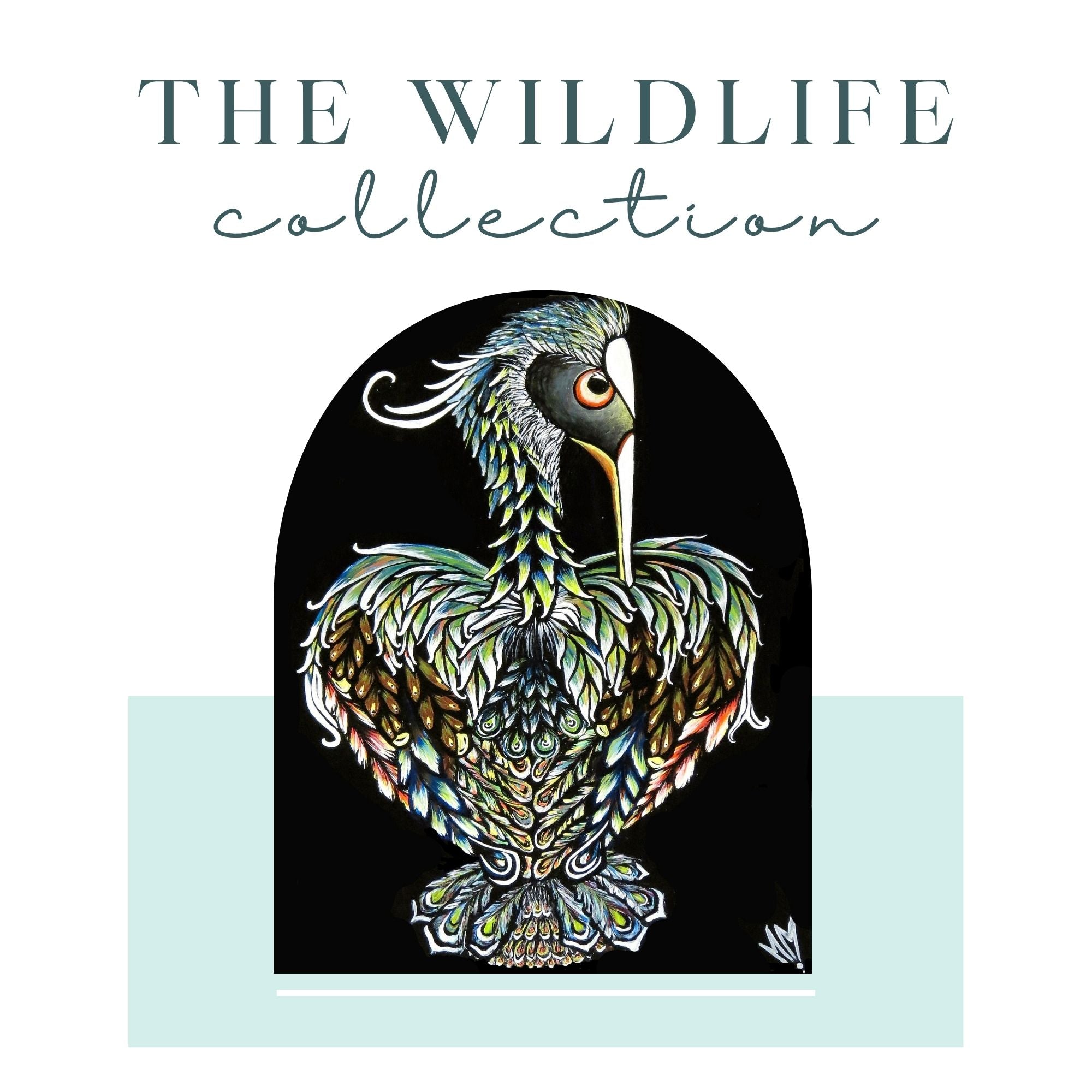 Colorful wildlife artwork featuring an artistic rendition of a heron painted vibrantly by Melissa Malcolm art. 
