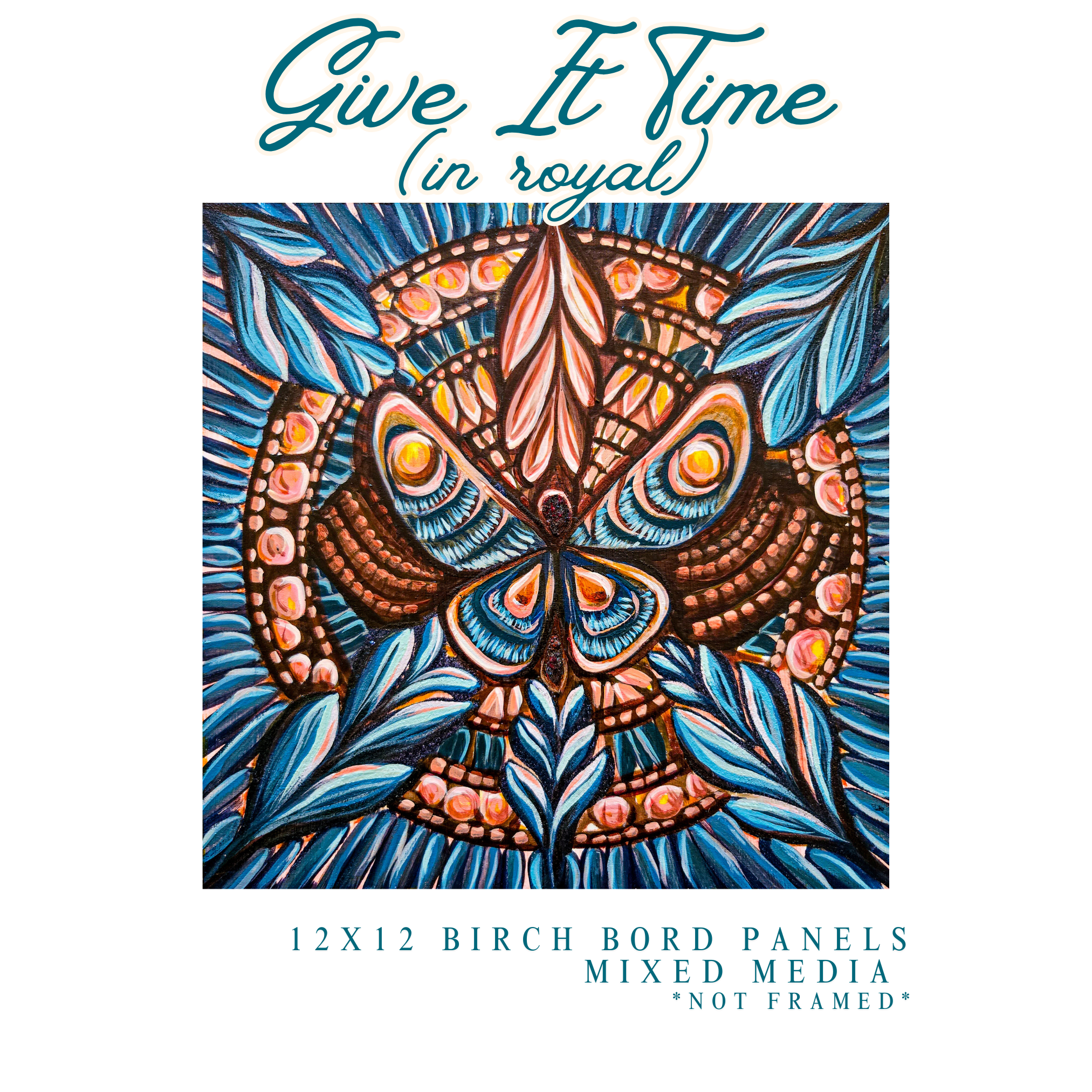 GIVE IT TIME in Royal Blue| Original 20x20 Mixed media Mandala Floral Painting | Metamorphosis |Butterfly Painting