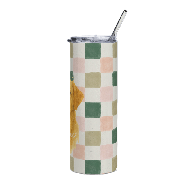 side view of artistic tumbler mockup featuring a yellow lab
