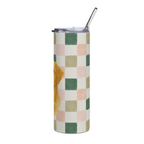 side view of artistic tumbler mockup featuring a yellow lab
