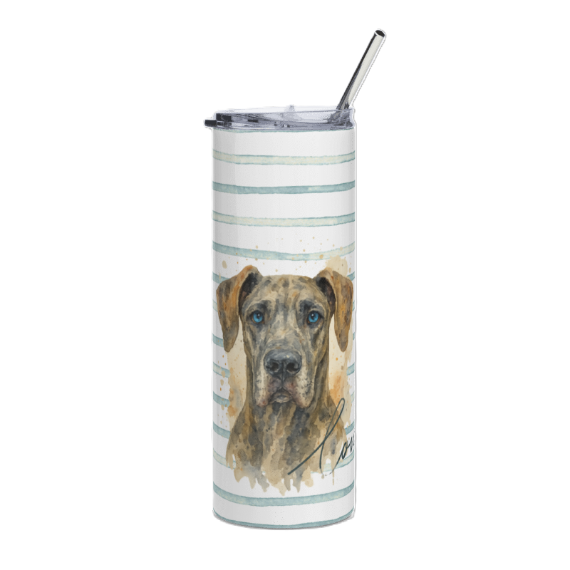 A tall insulated tumbler with a clear lid and metal straw, featuring a watercolor-style dog portrait on a white background with thin blue-green horizontal stripes.