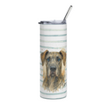 A tall insulated tumbler with a clear lid and metal straw, featuring a watercolor-style dog portrait on a white background with thin blue-green horizontal stripes.