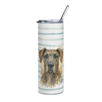 A tall insulated tumbler with a clear lid and metal straw, featuring a watercolor-style dog portrait on a white background with thin blue-green horizontal stripes.