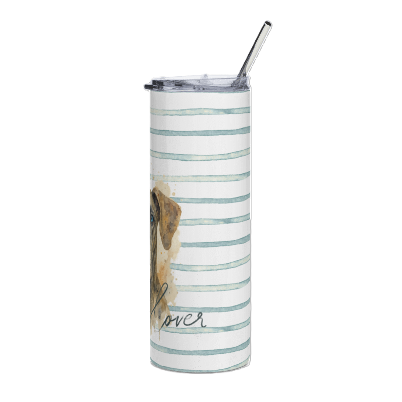 A tall, skinny stainless steel tumbler with a clear lid and metal straw, decorated with horizontal light blue stripes and a partial watercolor illustration of a dog's face with the word 'lover' below.