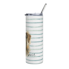 A tall, skinny stainless steel tumbler with a clear lid and metal straw, decorated with horizontal light blue stripes and a partial watercolor illustration of a dog's face with the word 'lover' below.