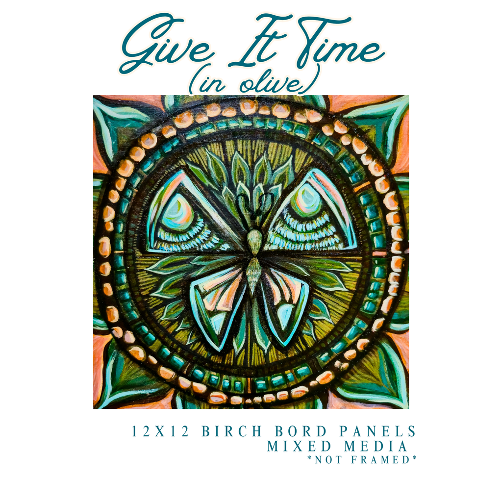GIVE IT TIME Green | Original 20x20 Mixed media Mandala Floral Painting | Metamorphosis |Butterfly Painting