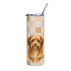A tall insulated tumbler with a clear lid and metal straw, featuring a watercolor-style illustration of a small brown dog on a soft beige and blush check pattern background.