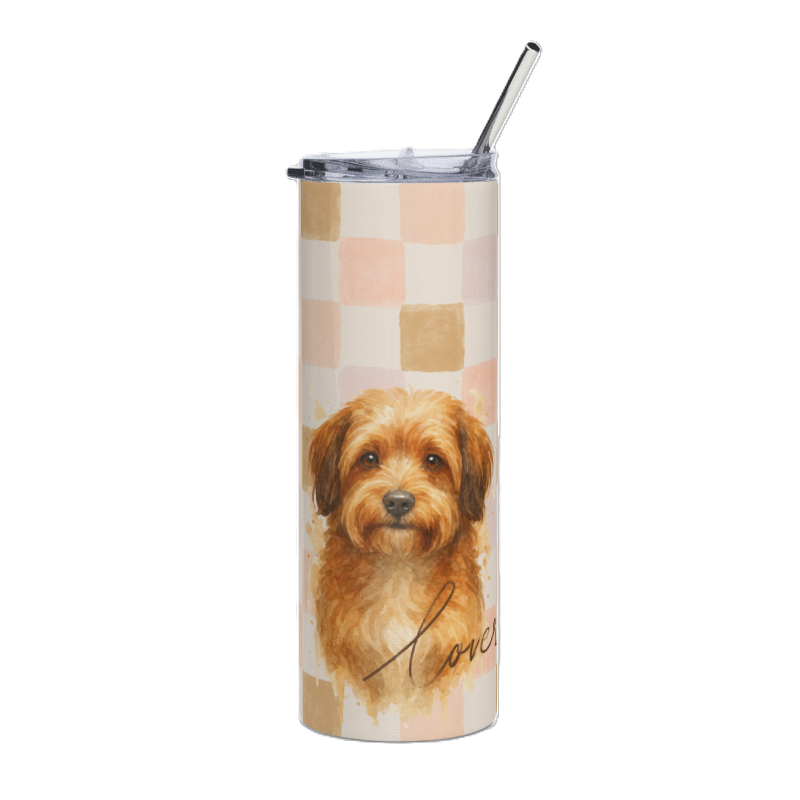 A tall insulated tumbler with a clear lid and metal straw, featuring a watercolor-style illustration of a small brown dog on a soft beige and blush check pattern background.