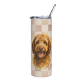 A tall insulated tumbler with a clear lid and metal straw, featuring a printed watercolor-style portrait of a golden dog on a beige and tan checkerboard background.