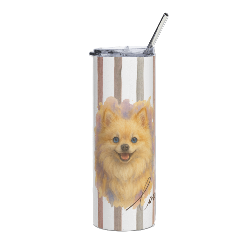 A tall, clear insulated tumbler with a clear lid and metal straw, featuring a printed illustration of a fluffy golden Pomeranian dog on a white background with vertical brown stripes.