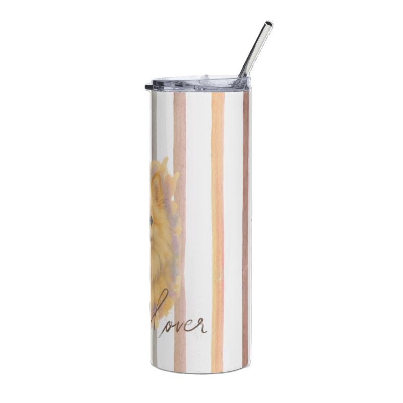 A tall insulated tumbler with a clear lid and metal straw, featuring vertical peach and beige stripes, a partial sunflower illustration, and the word 'lover' in script near the bottom, shown on a white background.