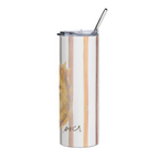 A tall insulated tumbler with a clear lid and metal straw, featuring vertical peach and beige stripes, a partial sunflower illustration, and the word 'lover' in script near the bottom, shown on a white background.