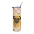 A tall, skinny insulated tumbler with a clear lid and metal straw, featuring a watercolor-style pug dog illustration over a peach and cream checkered pattern, on a plain white background.