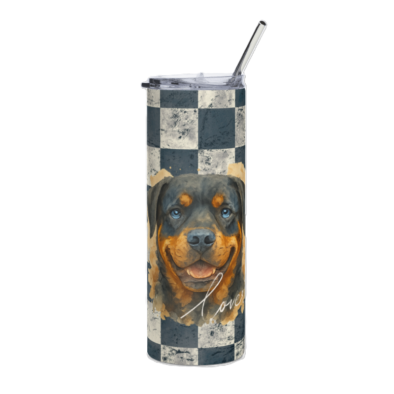 A tall insulated tumbler with a clear lid and metal straw, featuring a Rottweiler dog portrait printed over a black and distressed white checkerboard pattern, on a plain white background.