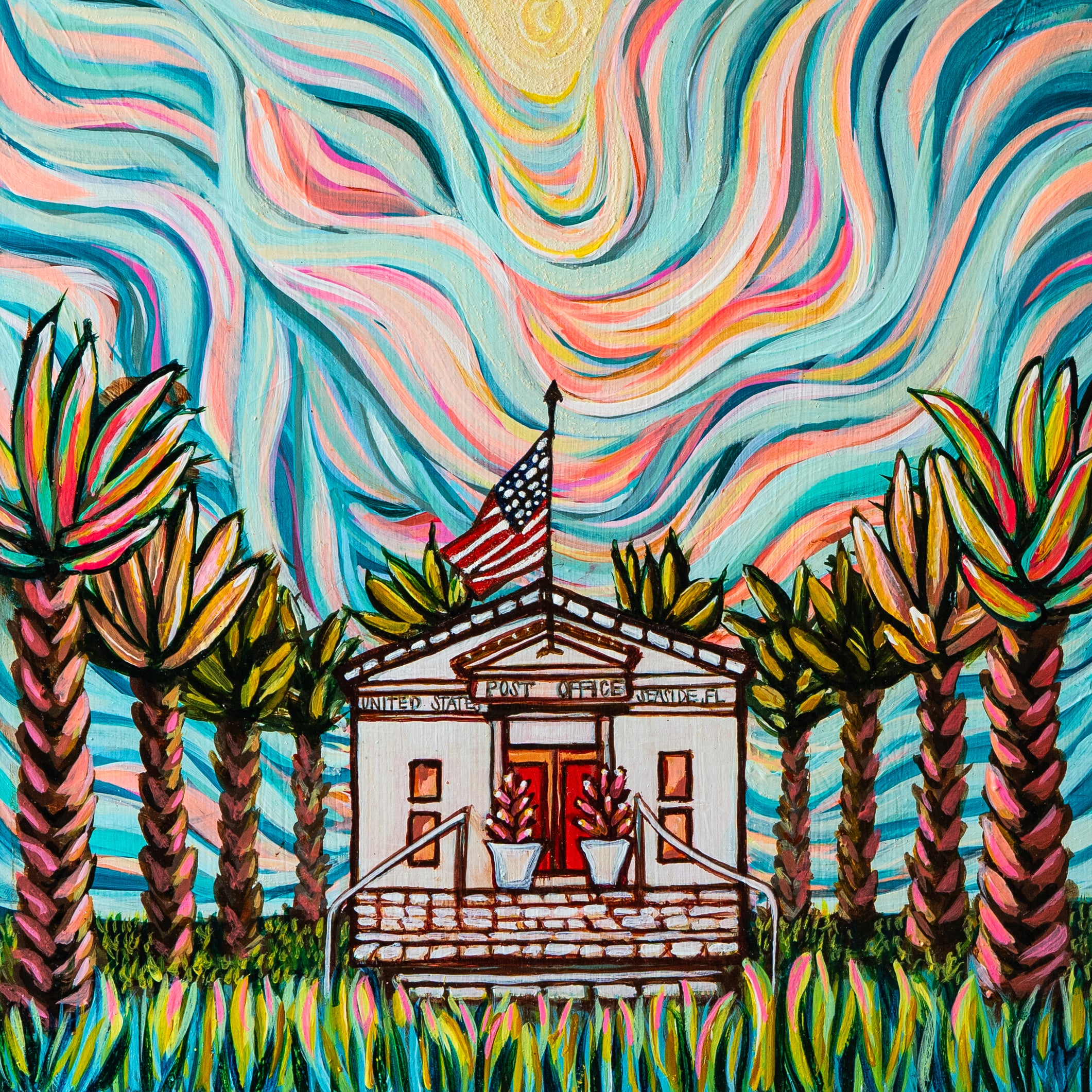 Colorful painting of the Seaside, Florida post office beneath a vibrant flowing sky by artist Melissa Malcolm. 