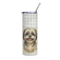 A tall, clear insulated tumbler with a clear lid and metal straw, featuring a printed design of a smiling Shih Tzu dog over a light gray and white plaid background.