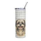 A tall, clear insulated tumbler with a clear lid and metal straw, featuring a printed design of a smiling Shih Tzu dog over a light gray and white plaid background.