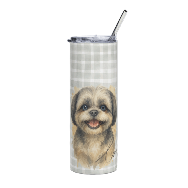 A tall, clear insulated tumbler with a clear lid and metal straw, featuring a printed design of a smiling Shih Tzu dog over a light gray and white plaid background.
