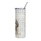 A tall insulated tumbler with a clear lid and metal straw, featuring a light gray and white gingham pattern, a partial watercolor dog illustration, and the word 'lover' in script near the bottom.