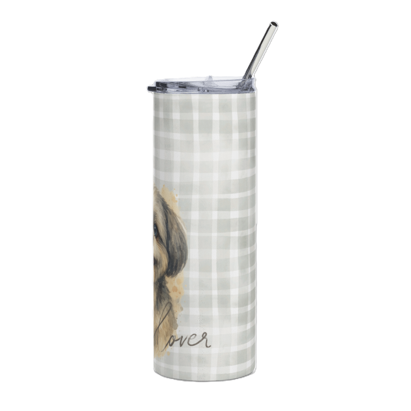 A tall insulated tumbler with a clear lid and metal straw, featuring a light gray and white gingham pattern, a partial watercolor dog illustration, and the word 'lover' in script near the bottom.