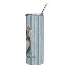 A tall insulated tumbler with a clear lid and metal straw, featuring a watercolor wolf design on a light blue and white striped background with the word 'lover' in script near the bottom.