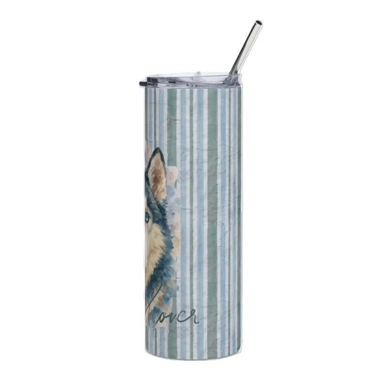 A tall insulated tumbler with a clear lid and metal straw, featuring a watercolor wolf design on a light blue and white striped background with the word 'lover' in script near the bottom.