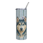 A tall insulated tumbler with a clear lid and metal straw, featuring a watercolor-style husky dog portrait on a pale blue and white striped background.