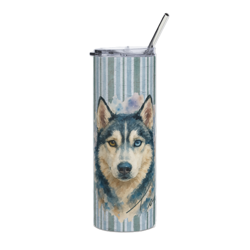 A tall insulated tumbler with a clear lid and metal straw, featuring a watercolor-style husky dog portrait on a pale blue and white striped background.