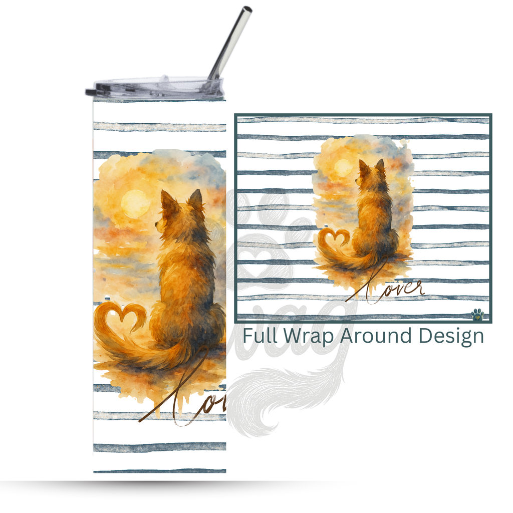 A clear tumbler with a straw shown with a printed wrap design preview. The design features a watercolor-style golden-brown dog sitting on a striped background with warm sunset tones and script text.