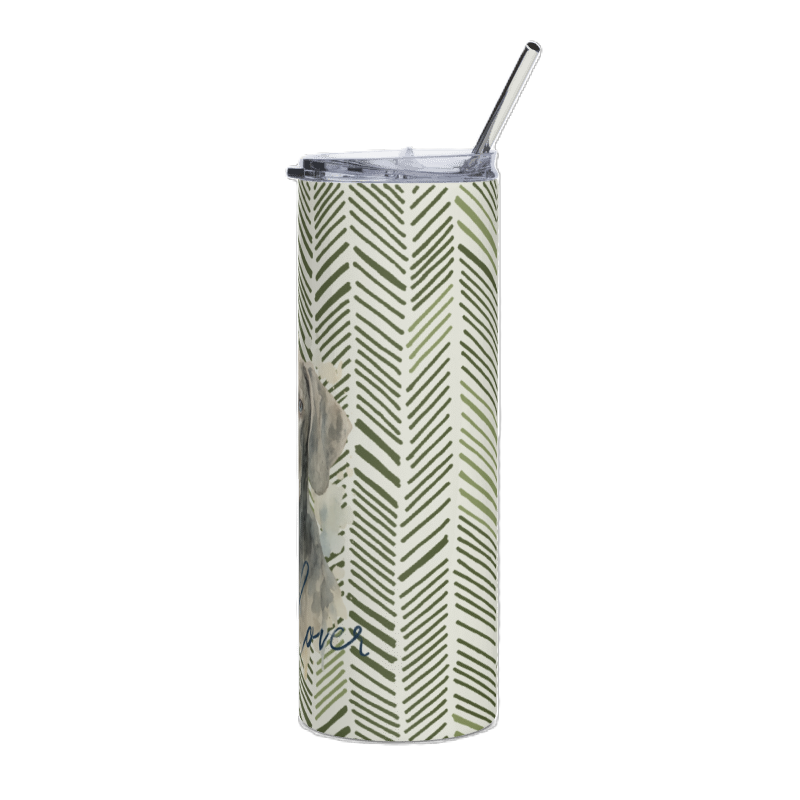 A tall, skinny insulated tumbler with a clear lid and metal straw, featuring a green and off-white herringbone pattern with a subtle horse graphic on the side.