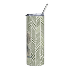 A tall, skinny insulated tumbler with a clear lid and metal straw, featuring a green and off-white herringbone pattern with a subtle horse graphic on the side.