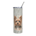 A tall insulated tumbler with a clear lid and metal straw, featuring a vertical white and olive green stripe pattern with a printed portrait of a small Yorkie dog on the front, shown on a plain white background.