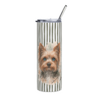A tall insulated tumbler with a clear lid and metal straw, featuring a vertical white and olive green stripe pattern with a printed portrait of a small Yorkie dog on the front, shown on a plain white background.