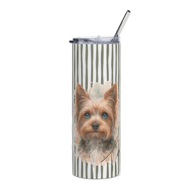 A tall insulated tumbler with a clear lid and metal straw, featuring a vertical white and olive green stripe pattern with a printed portrait of a small Yorkie dog on the front, shown on a plain white background.