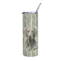 A tall insulated tumbler with a clear lid and metal straw, featuring a green and white chevron pattern and a portrait of a gray Weimaraner on the front.