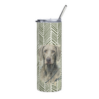 A tall insulated tumbler with a clear lid and metal straw, featuring a green and white chevron pattern and a portrait of a gray Weimaraner on the front.