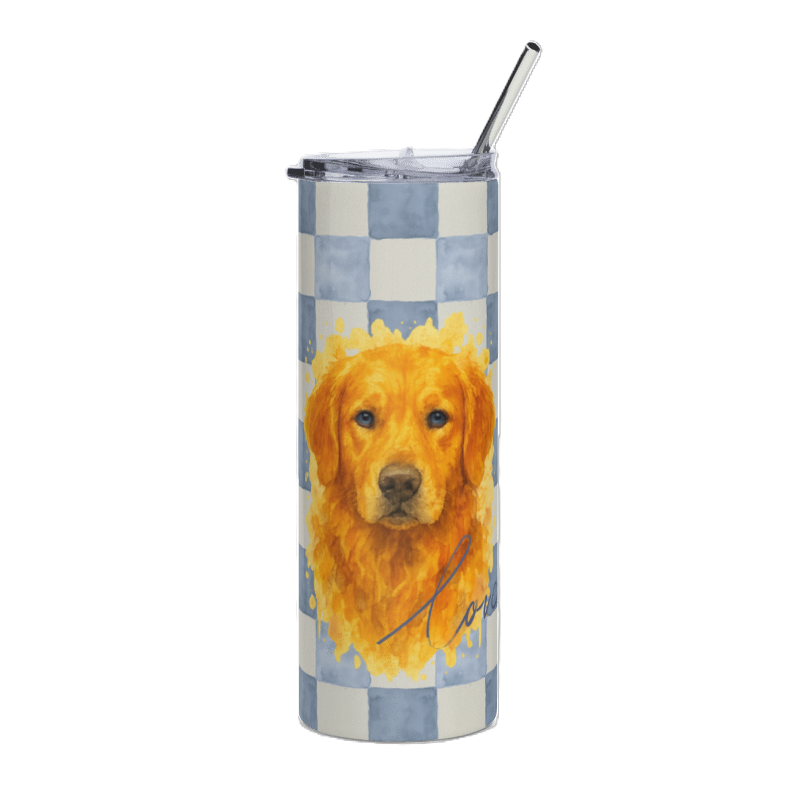 A tall insulated tumbler with a clear lid and metal straw, featuring a blue-and-white checkerboard pattern and a watercolor-style golden retriever portrait on the front.