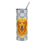 A tall insulated tumbler with a clear lid and metal straw, featuring a blue-and-white checkerboard pattern and a watercolor-style golden retriever portrait on the front.