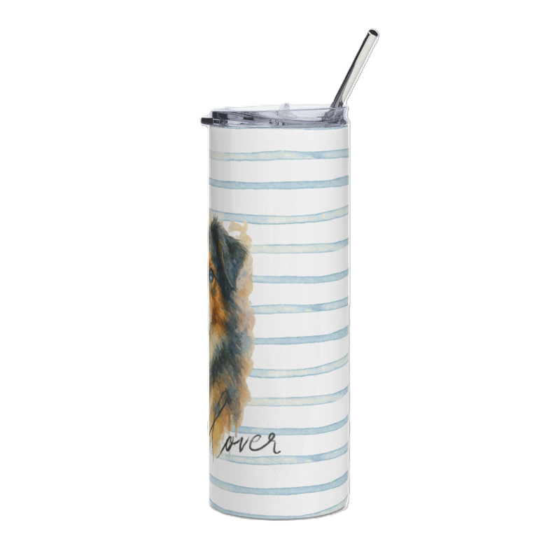 A tall, skinny tumbler with a clear lid and metal straw, decorated with light blue and white horizontal stripes and a watercolor dog illustration on the side.