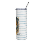A tall, skinny tumbler with a clear lid and metal straw, decorated with light blue and white horizontal stripes and a watercolor dog illustration on the side.