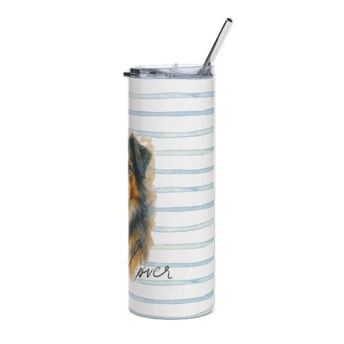 A tall, skinny tumbler with a clear lid and metal straw, decorated with light blue and white horizontal stripes and a watercolor dog illustration on the side.