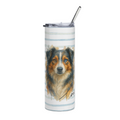 A tall insulated tumbler with a clear lid and metal straw, featuring a watercolor-style illustration of a black, tan, and white dog on a white background with light blue horizontal stripes.