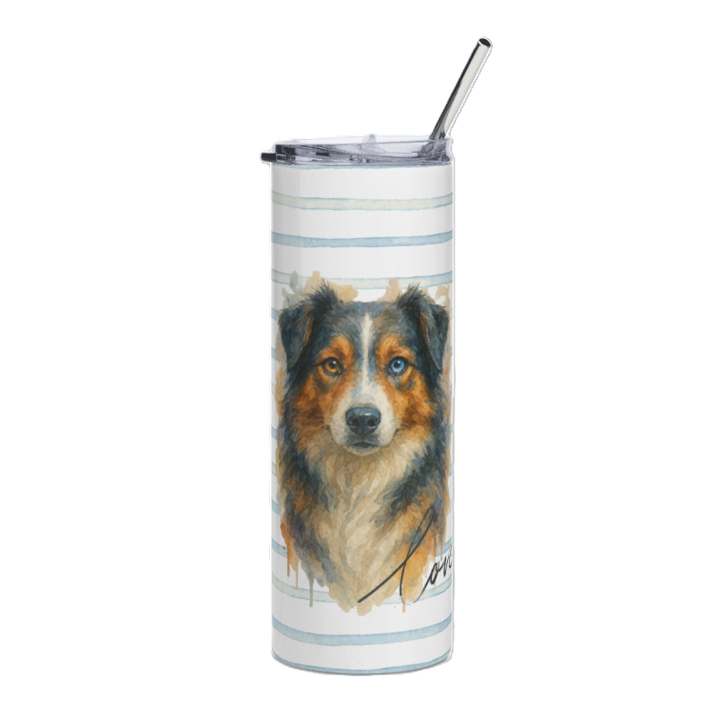 A tall insulated tumbler with a clear lid and metal straw, featuring a watercolor-style illustration of a black, tan, and white dog on a white background with light blue horizontal stripes.