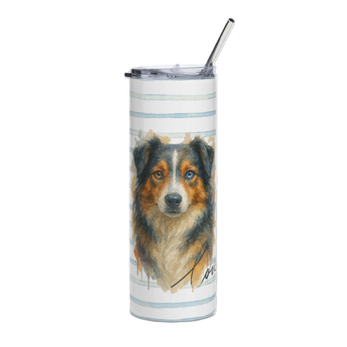 A tall insulated tumbler with a clear lid and metal straw, featuring a watercolor-style illustration of a black, tan, and white dog on a white background with light blue horizontal stripes.
