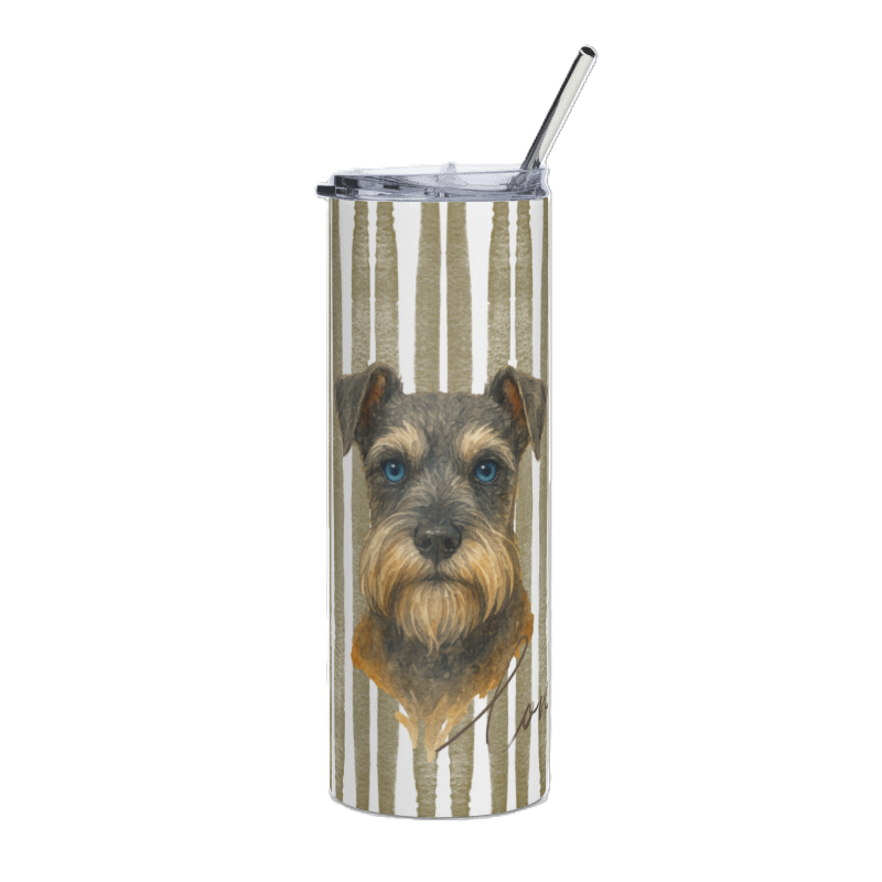 A tall, skinny insulated tumbler with a clear lid and metal straw, decorated with schnauzer dog watercolor with the word lover below on a  a repeating Art Deco style pattern featuring green, blue, and beige elements.